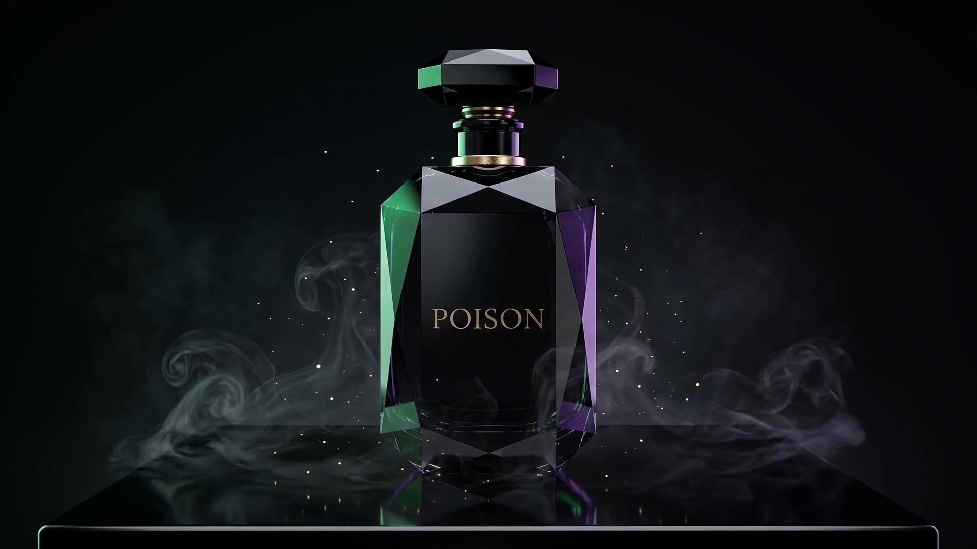 POISON bottle in emerald and violet light